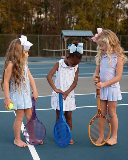 Blue And White Bow Print Lycra Tennis Dress