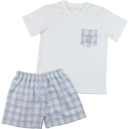 Blue And Khaki Plaid Short Set