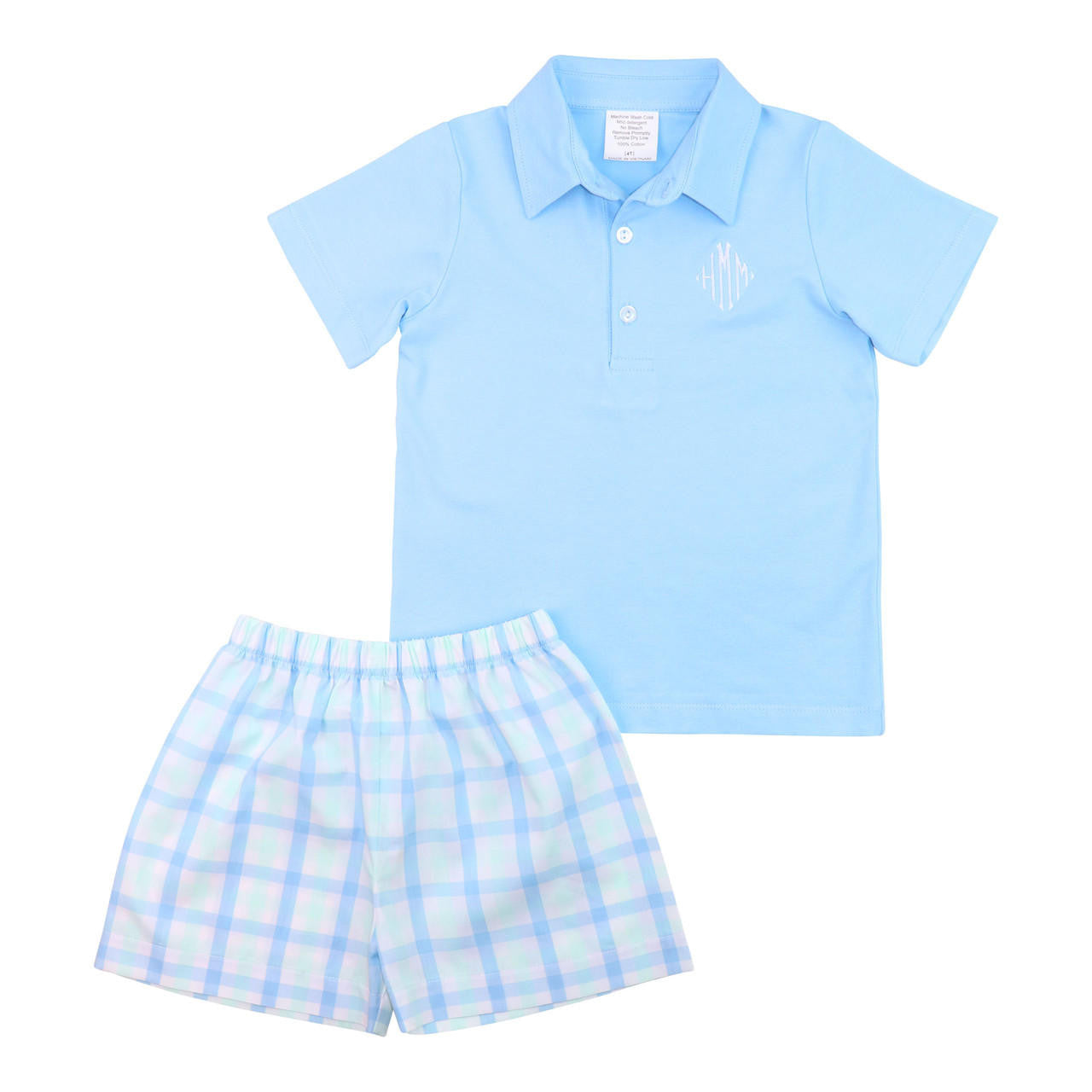 Mint And Blue Plaid Polo Short Set