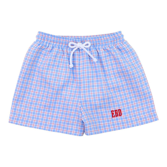 Red And Blue Windowpane Plaid Swim Trunks