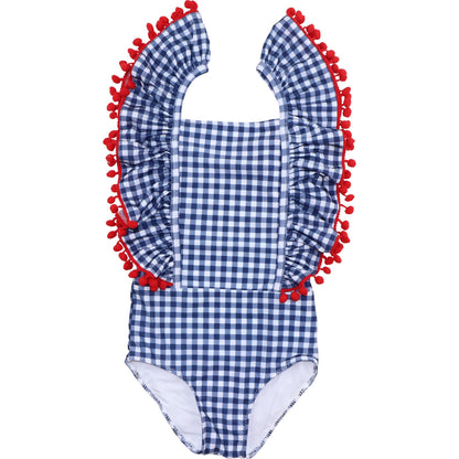 Navy Check Pom Pom Lycra Swimsuit