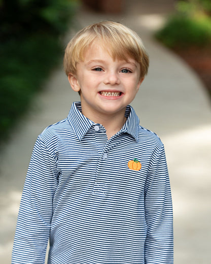 Navy Mini Stripe Embroidered Pumpkin Polo