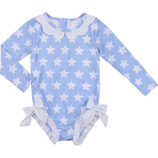 Blue And White Star Print Lycra Rashguard Swimsuit