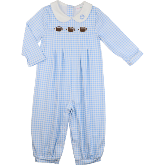 Blue Knit Check Applique Football Long Romper