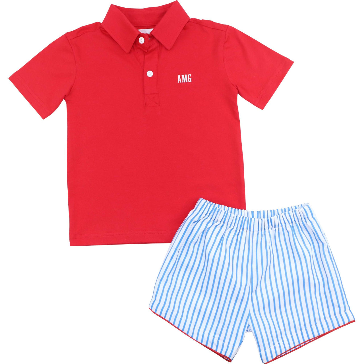 Blue And Red Striped Polo Short Set