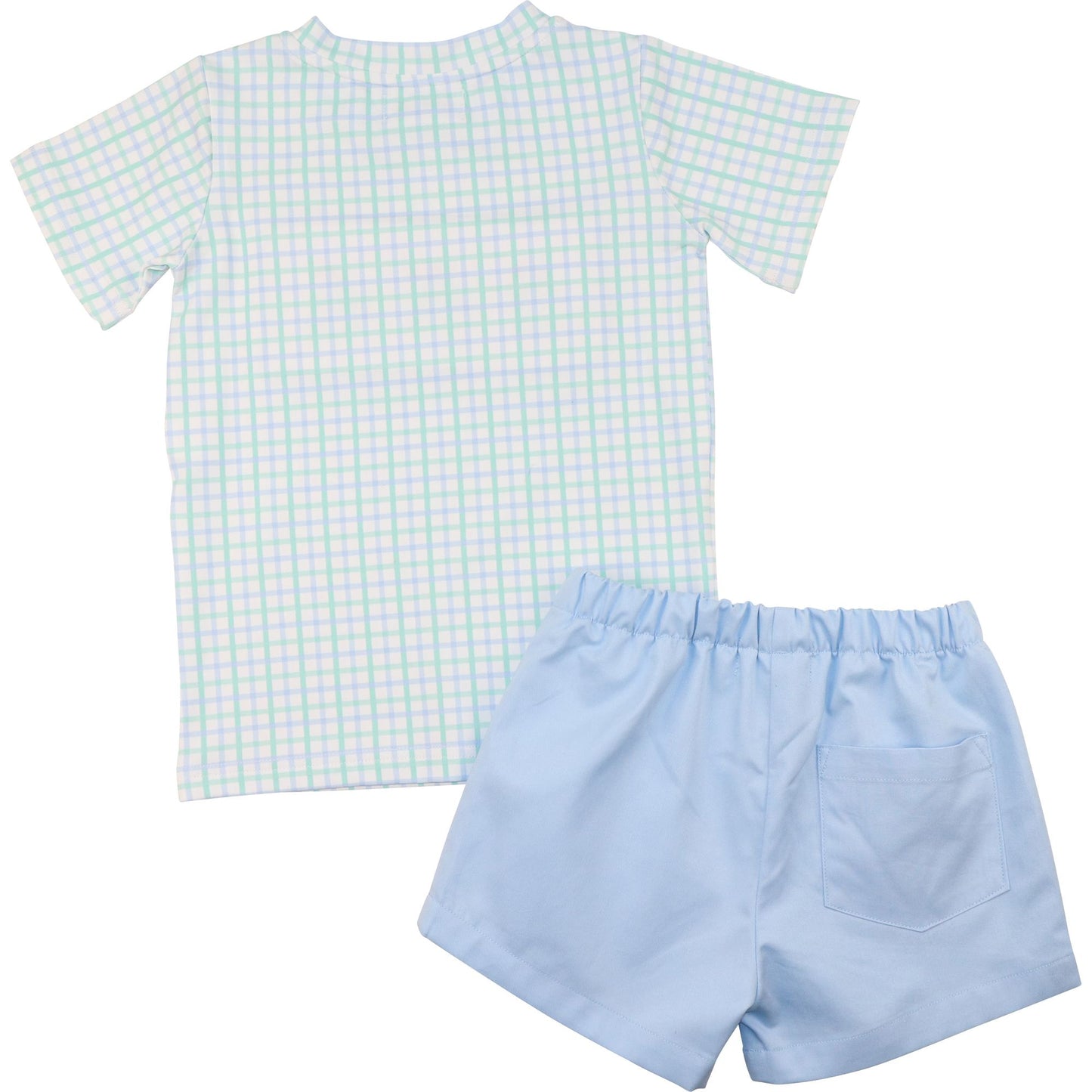 Blue And Green Windowpane Smocked Sailboats Short Set