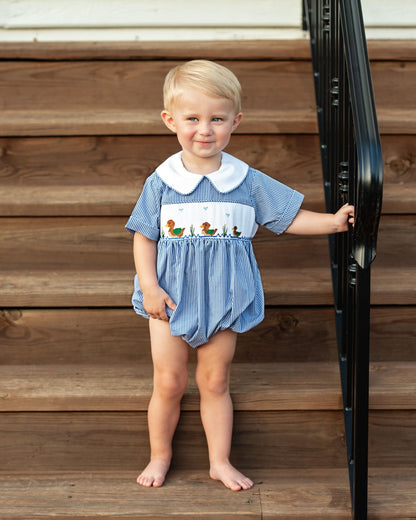 Navy Gingham Smocked Mallards Bubble