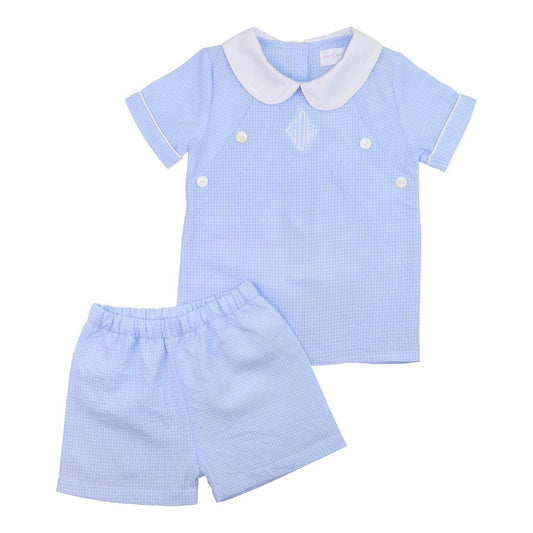 Blue Windowpane Button Short Set