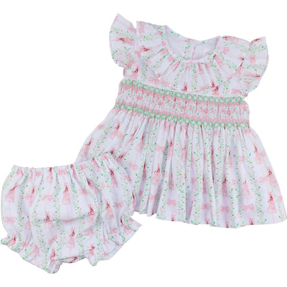 Pink And Green Smocked Bunny And Bow Diaper Set