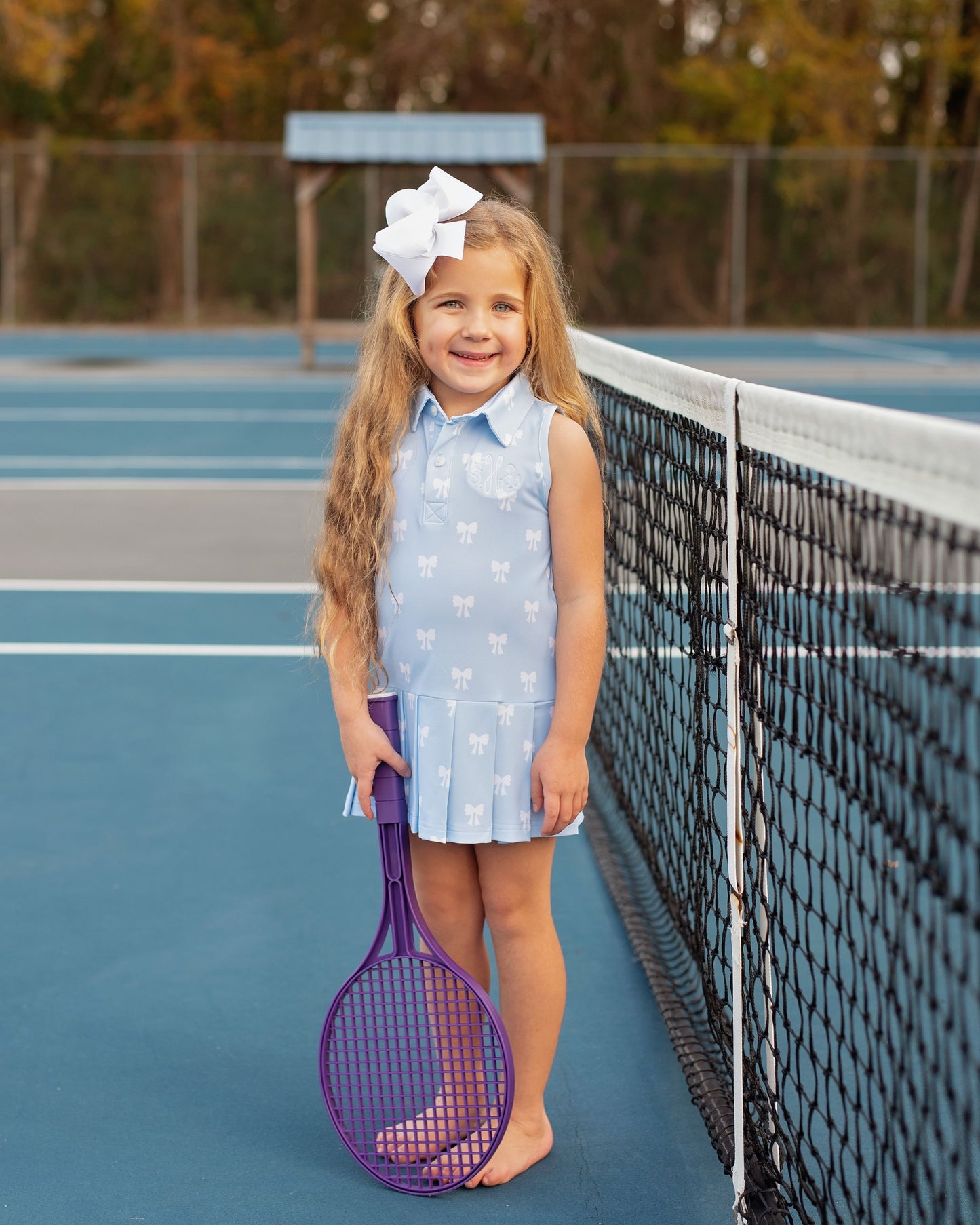 Blue And White Bow Print Lycra Tennis Dress