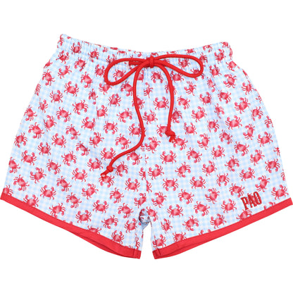 Blue And Red Check Crab Swim Trunks