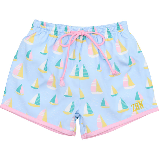 Pink And Blue Sailboat Swim Trunks