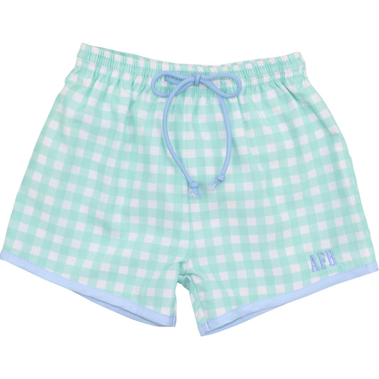 Blue And Mint Check Swim Trunks