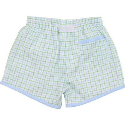 Blue And Green Windowpane Swim Trunks