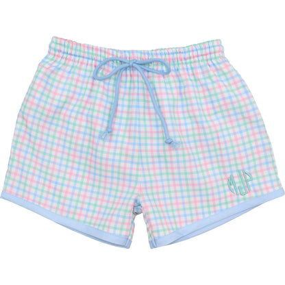 Blue, Pink And Green Swim Trunks