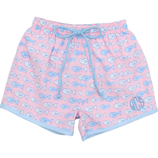 Blue And Pink Fish Print Swim Trunks