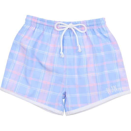 Blue And Pink Plaid Swim Trunks