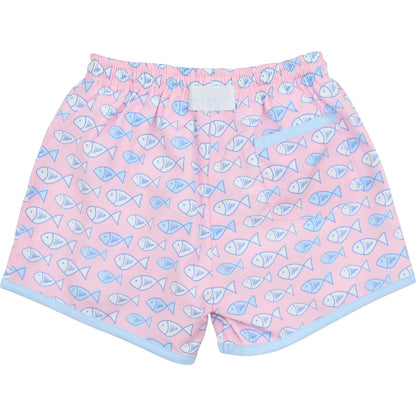 Blue And Pink Fish Print Swim Trunks