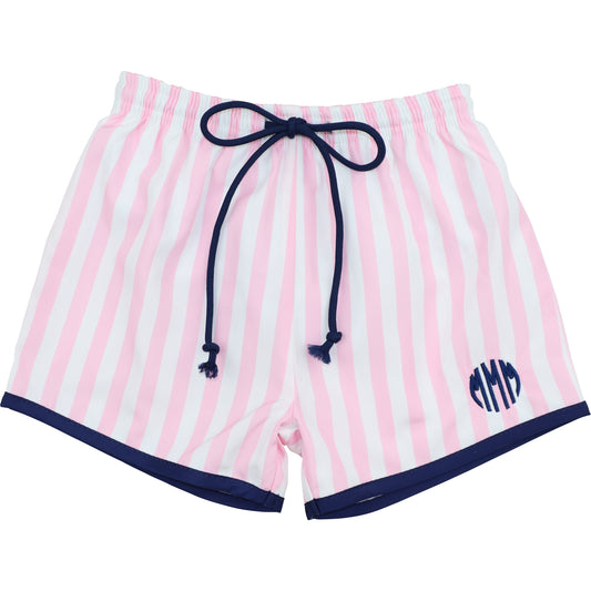 Pink And Navy Striped Swim Trunks