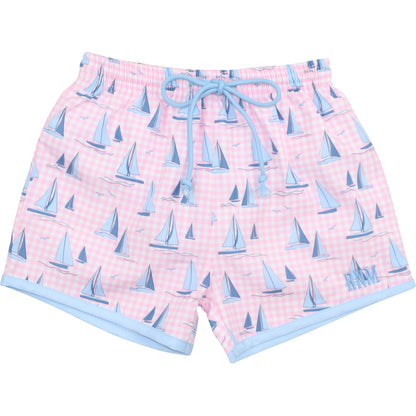 Pink And Blue Check Sailboat Swim Trunks