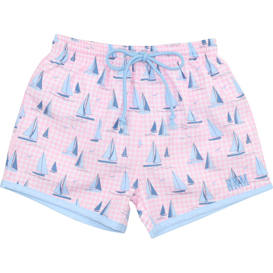 Pink And Blue Check Sailboat Swim Trunks