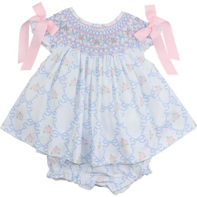 Blue And Pink Rose And Bow Smocked Diaper Set