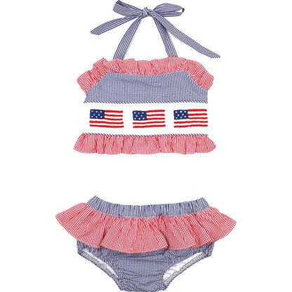 Navy And Red Gingham Smocked Flags Bikini