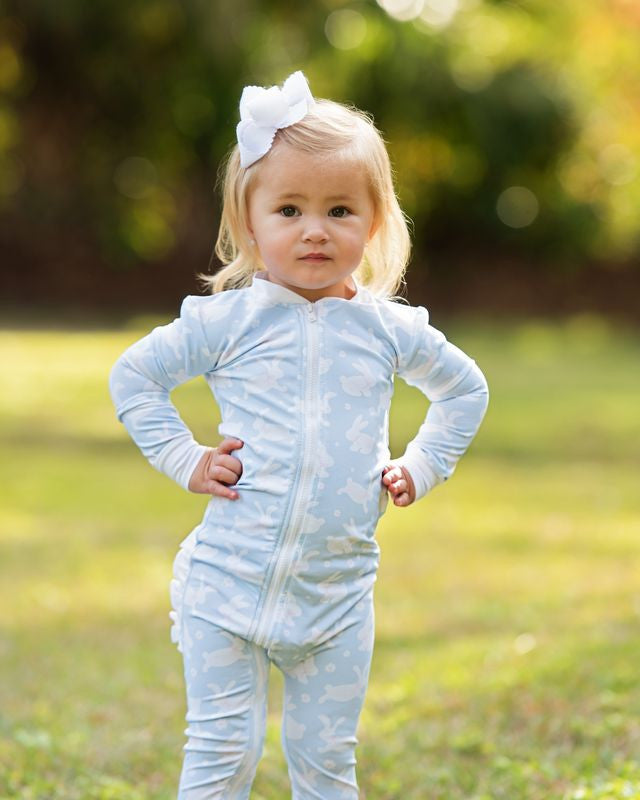 Blue And White Bunny Knit Zipper Pajamas