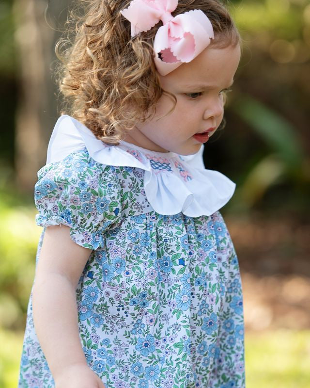 Floral Smocked Ruffle Collar Bubble