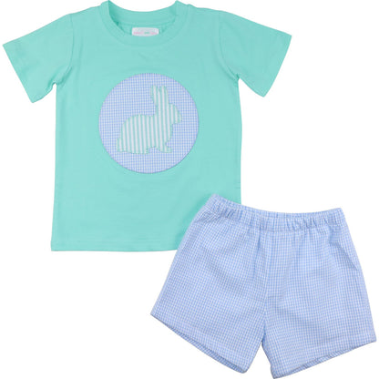 Mint And Blue Seersucker Applique Bunny Short Set