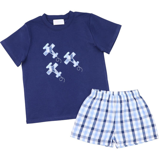 Navy And Blue Plaid Airplanes Short Set