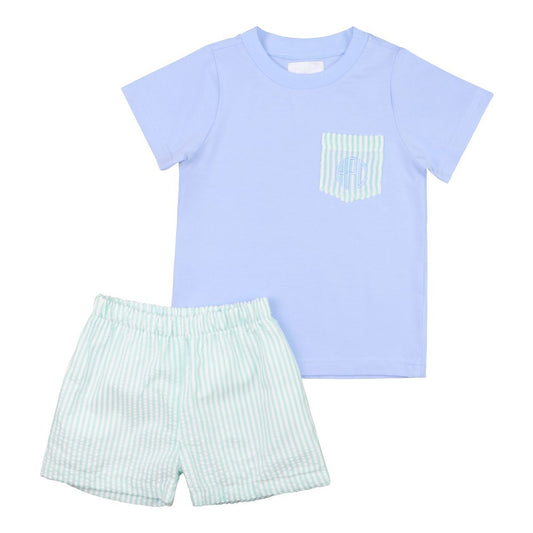 Blue And Green Seersucker Pocket Short Set