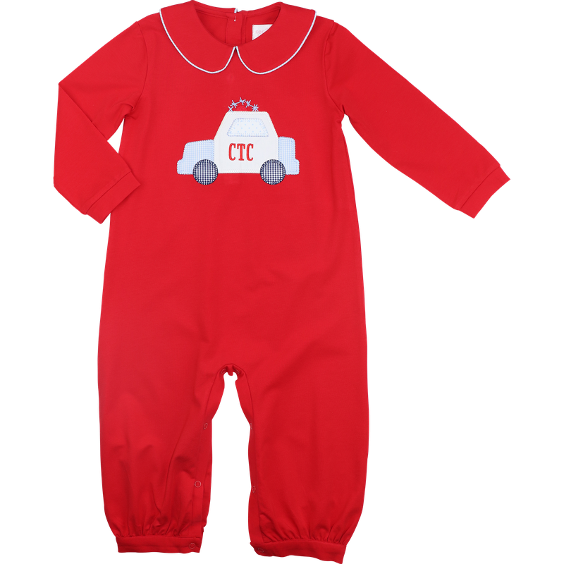 Red Knit Applique Police Car Long Romper