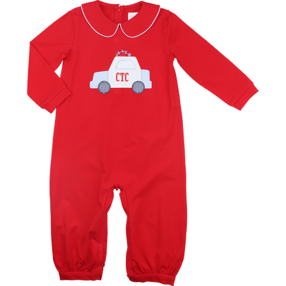 Red Knit Applique Police Car Long Romper