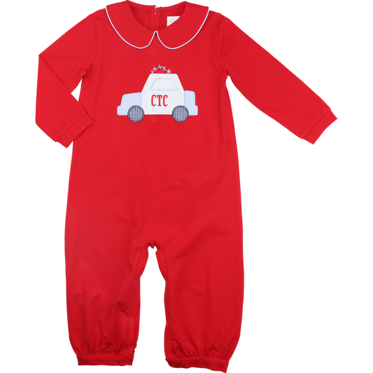 Red Knit Applique Police Car Long Romper