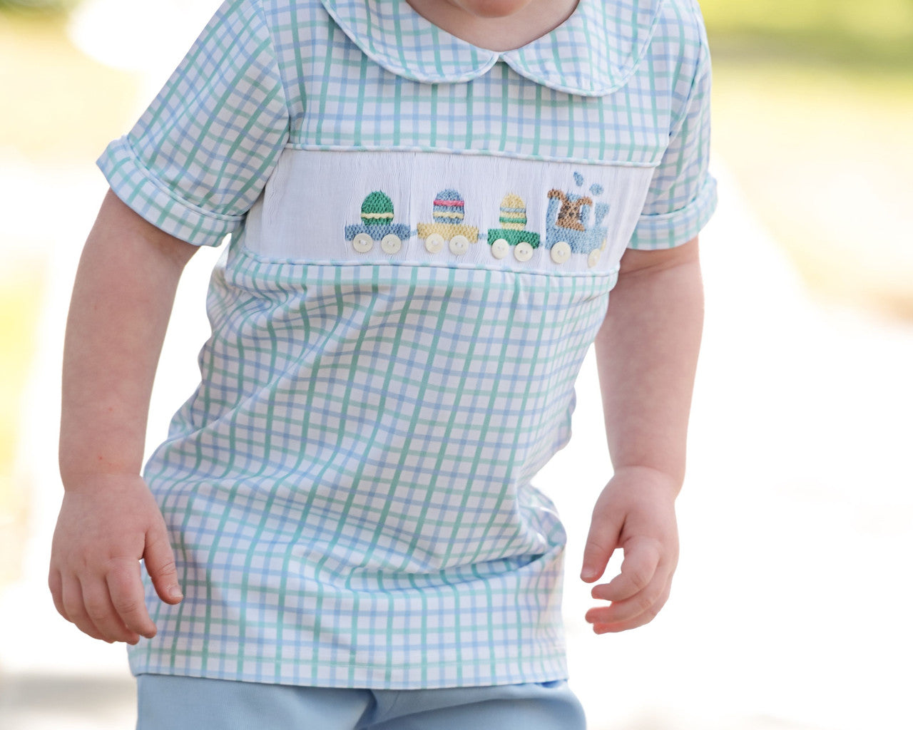 Blue And Mint Windowpane Smocked Easter Train Short Set