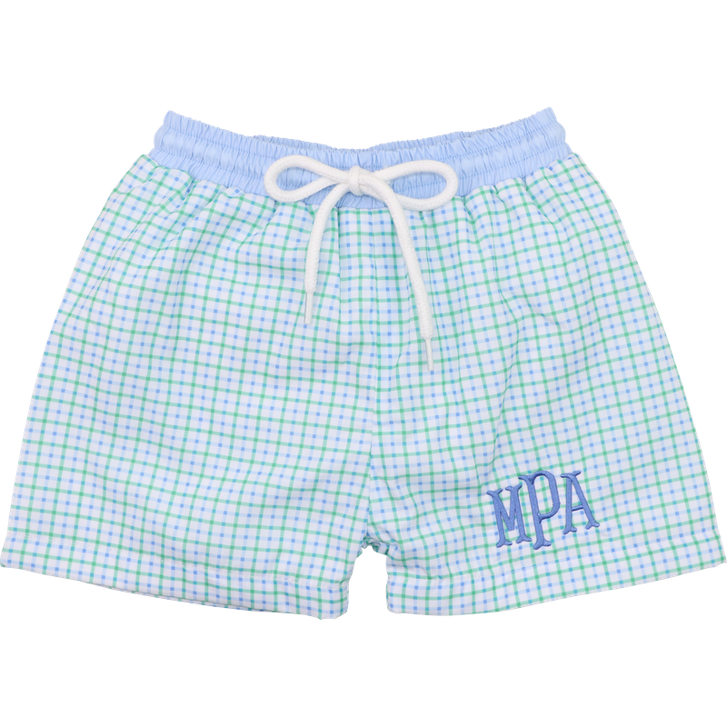 Green and Blue Windowpane Swim Trunks