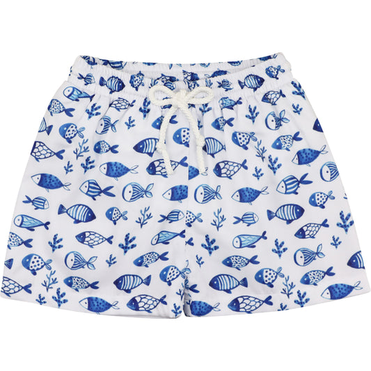 Navy And White Fish Print Swim Trunks