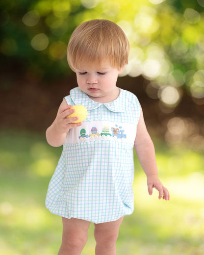 Blue And Mint Windowpane Smocked Easter Train Bubble