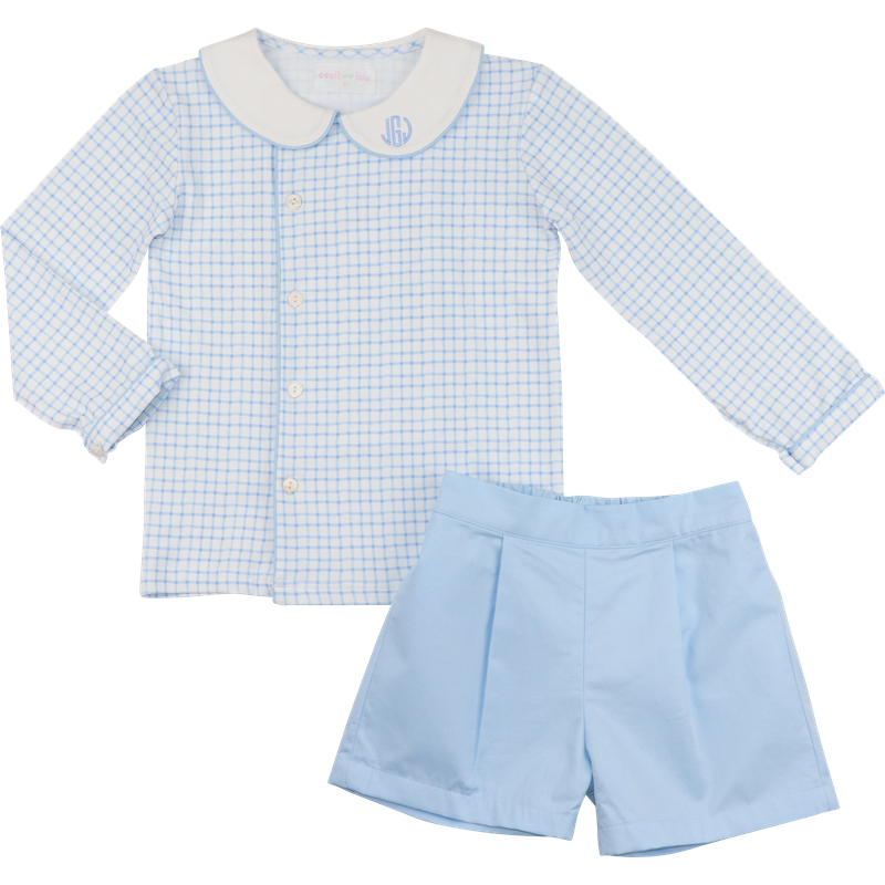 Blue Knit Windowpane Side Button Short Set