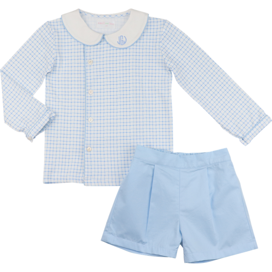 Blue Knit Windowpane Side Button Short Set