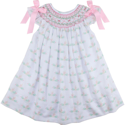 Pink And Green Smocked Bunny Bow Dress