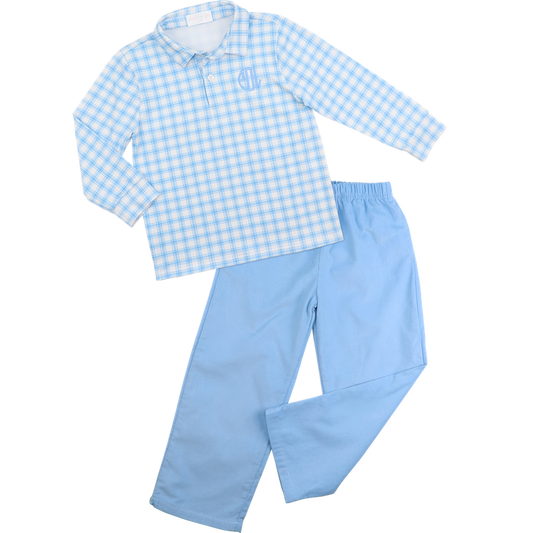 Blue And White Plaid Polo Pant Set