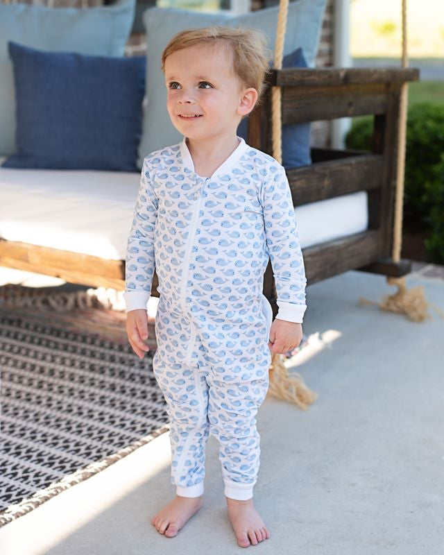 Blue And White Whale Print Knit Zipper Pajamas