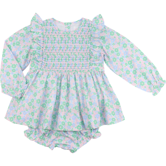 Blue And Green Floral Smocked Diaper Set