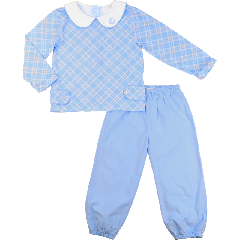 Blue Knit Geometric Plaid And Corduroy Ankle Pant Set