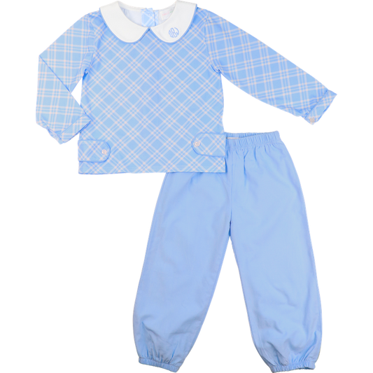 Blue Knit Geometric Plaid And Corduroy Ankle Pant Set