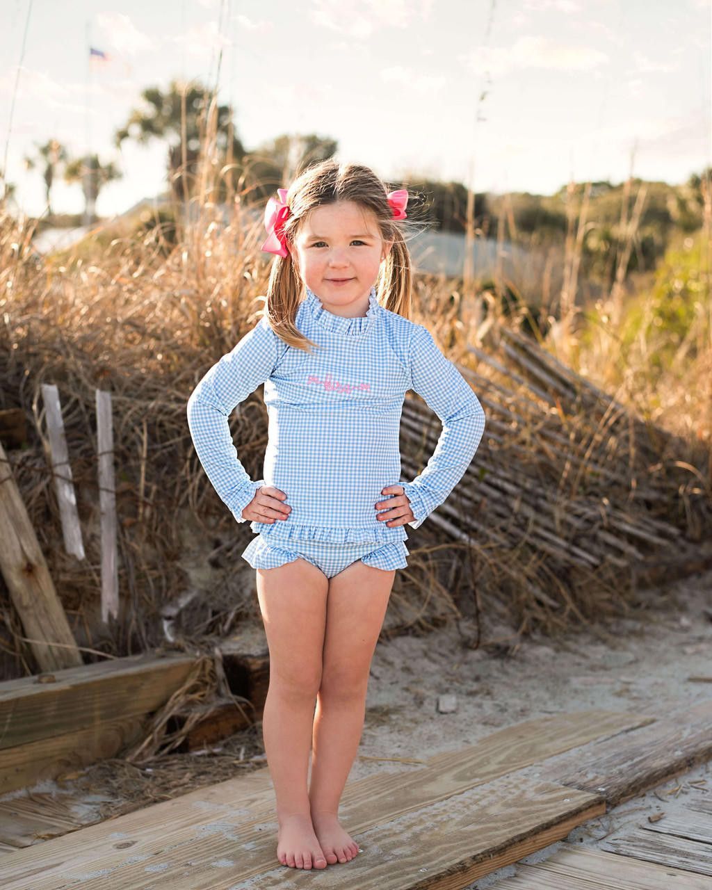 Blue Gingham Lycra Rashguard Swimsuit