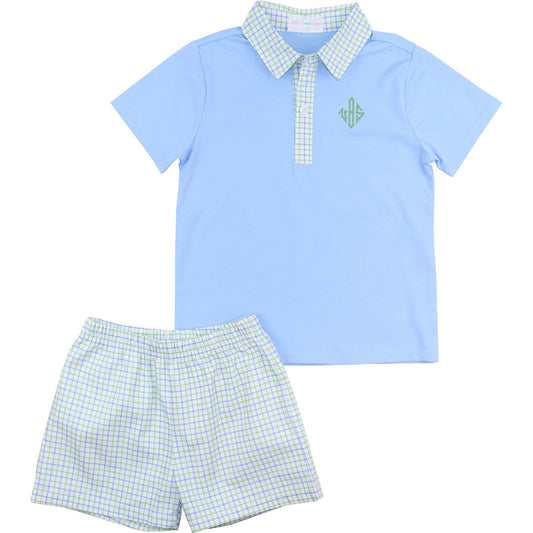 Blue And Green Windowpane Polo Short Set