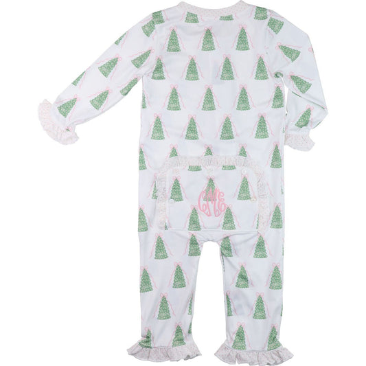 Green And Pink Knit Ribbons And Christmas Trees Zipper Pajamas